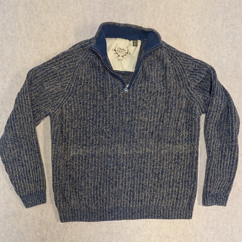 Cabela's Navy and Tan Qarter Zip 100% Cotton Sweater Size Men's XL